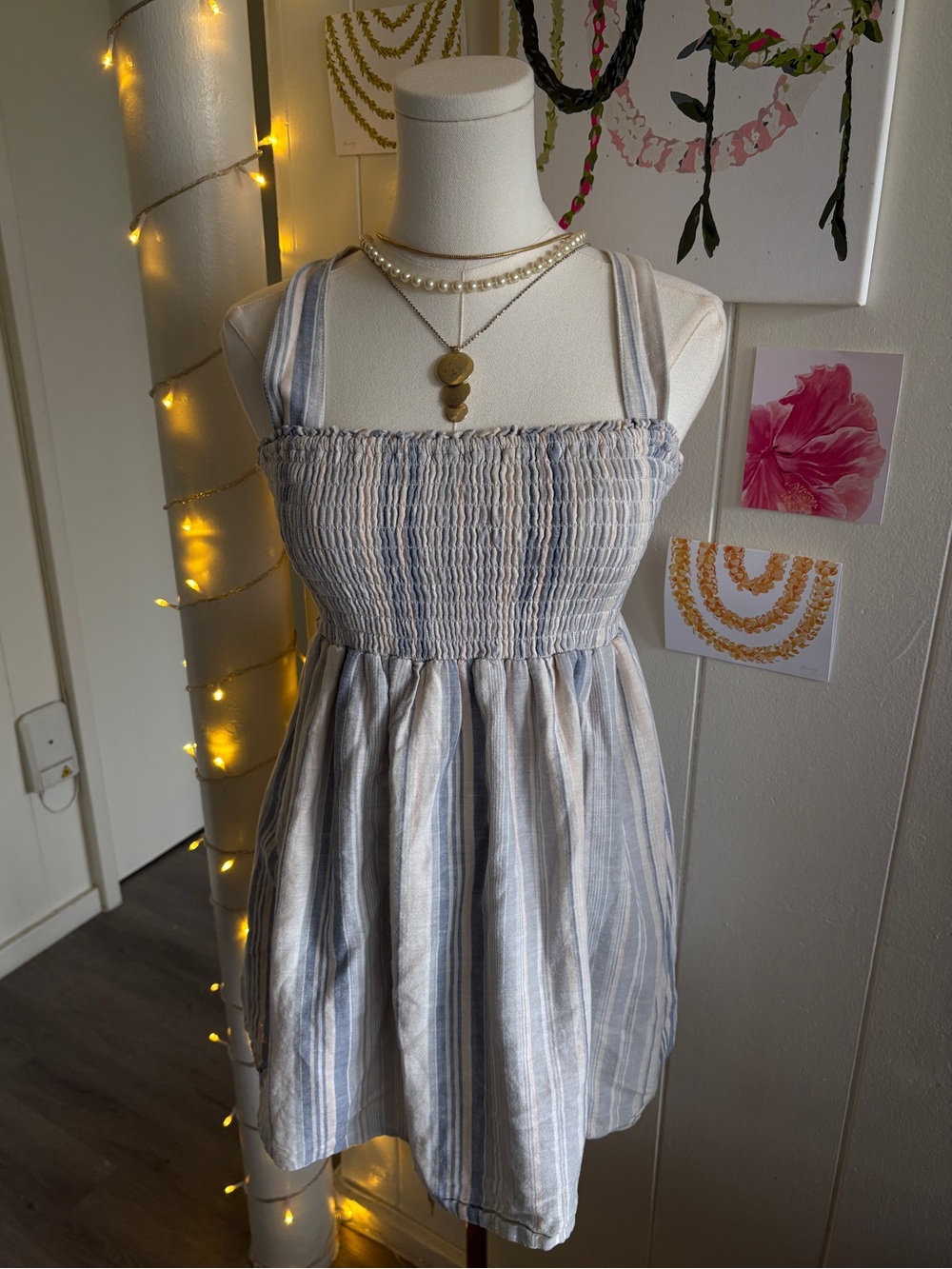 Sleeveless Blue & White Striped Smocked Sundress
